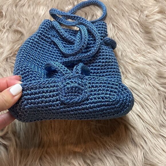 The SAK Mini Crochet Drawstring Backpack Purse - Bucket bag/ boho Blue